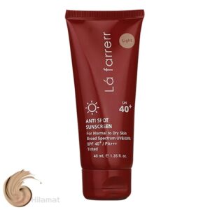 کرم ضدآفتاب رنگی لافارر مدل SPF40، مناسب پوست‌های معمولی و خشک، با تنالیته رنگ روشن