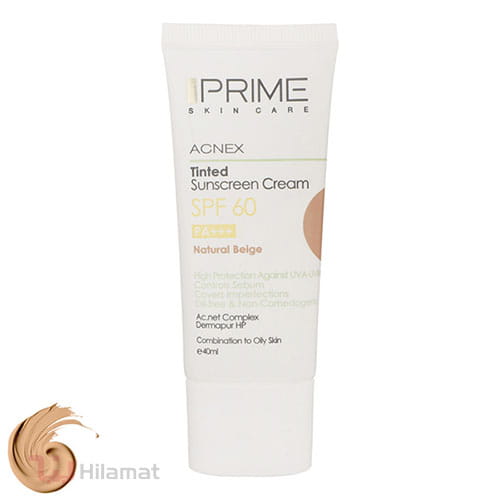 کرم ضدآفتاب رنگی پرایم مدل Acnex Beige SPF60 با تنالیته رنگ متوسط و حجم 40 میلی‌لیتر، مناسب پوست‌های چرب